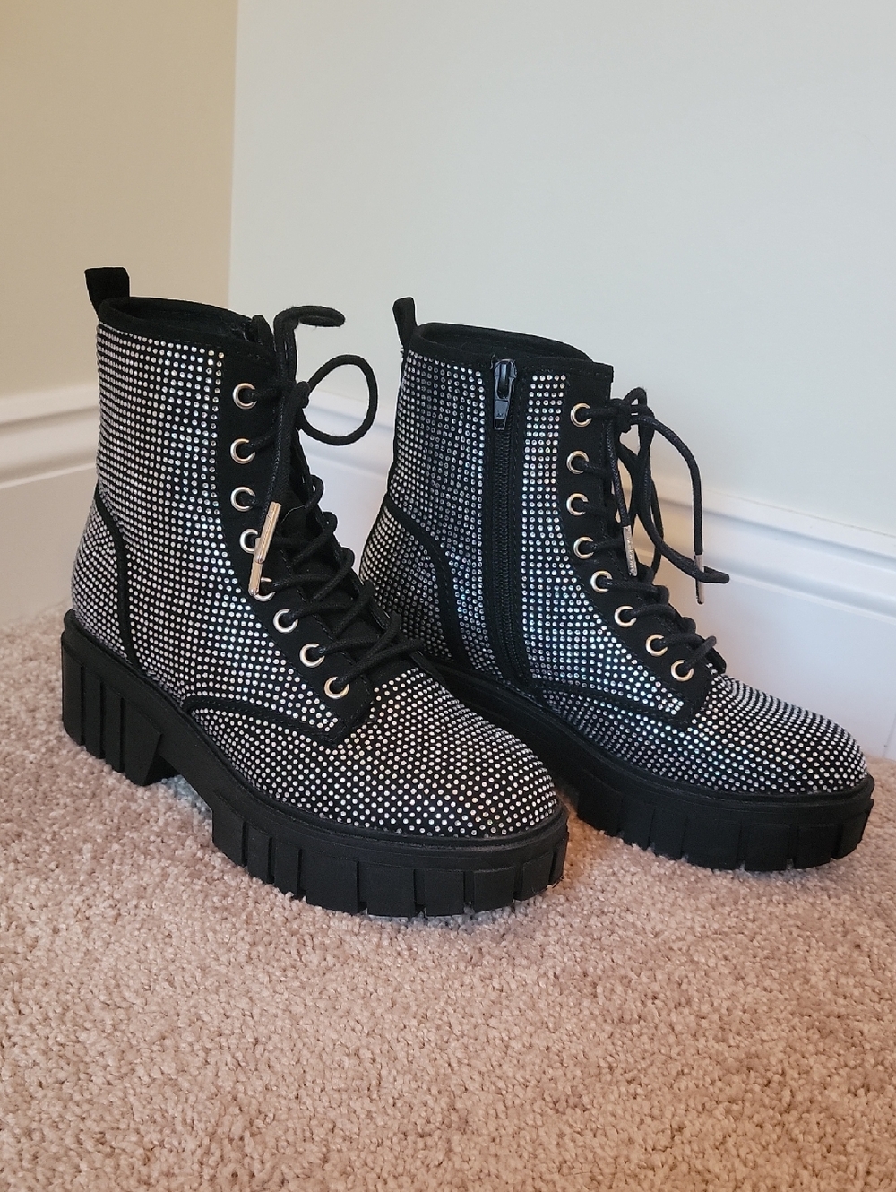 Madden Black Rhinestone Combat Boots - Women's Chunky Moto Boot Size 7.5